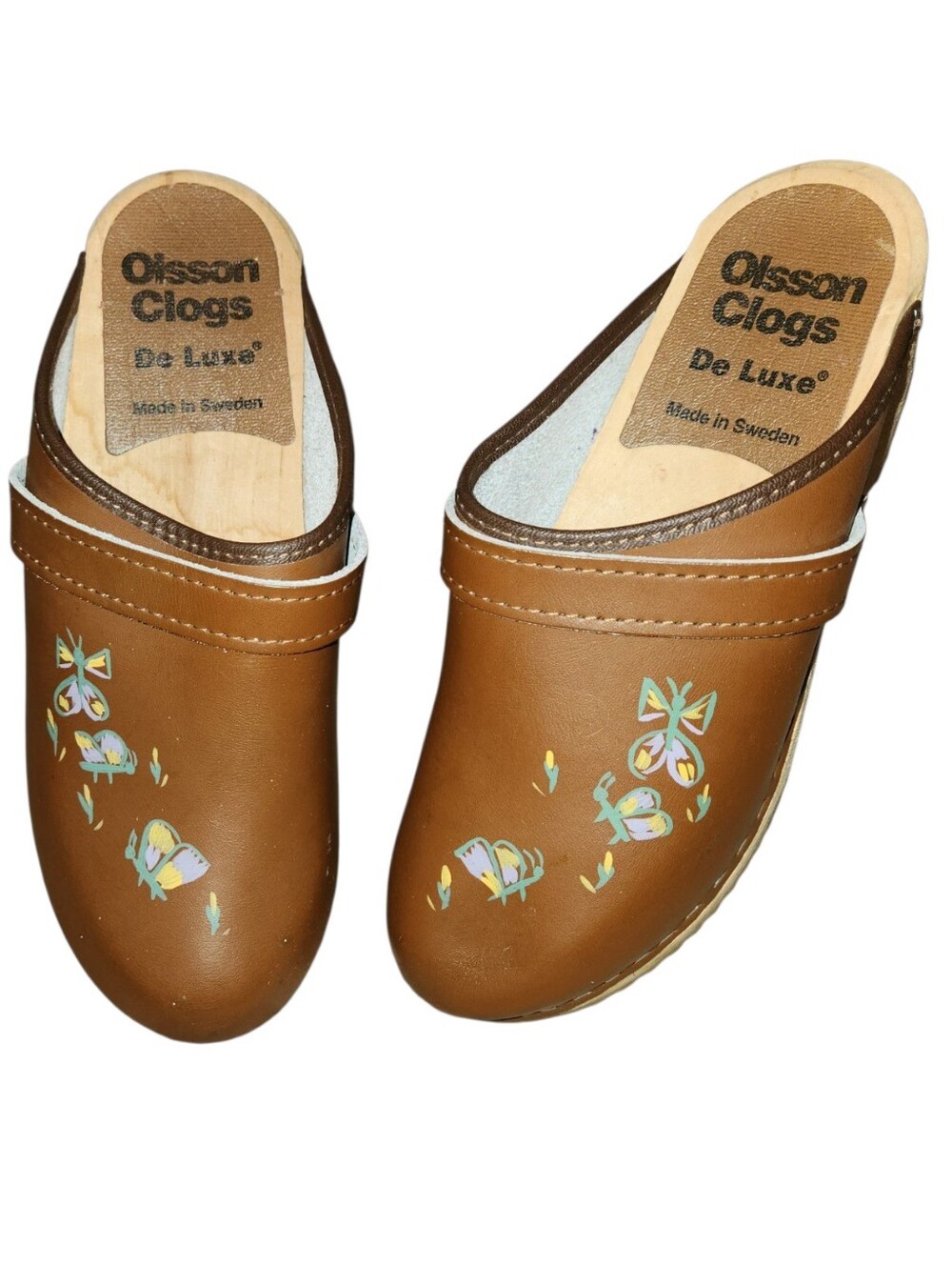 Vintage Olsson Clogs De Luxe Hand Painted Butterfly Wooden Swedish Mules Size 38
